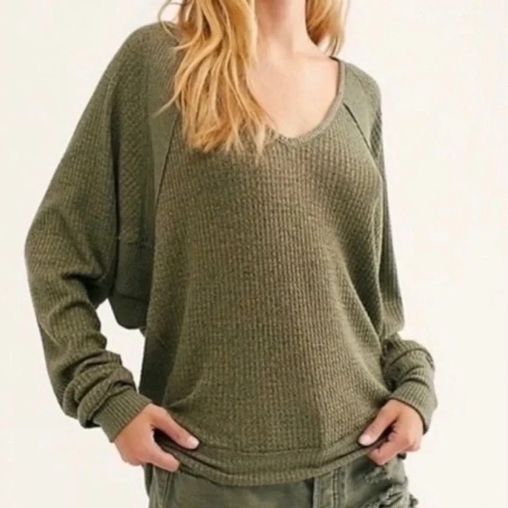 Free People Santa Clara Thermal Long Sleeve V Neck Top Green Oversized Small